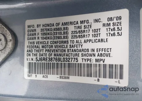 2009 Honda Cr-V Ex-L from USA, damaged, VIN 5J6RE38769L032775